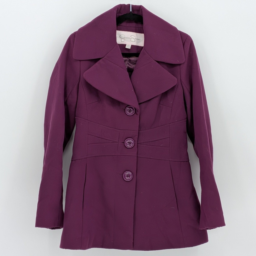 Jessica Simpson Medium $158 Plum Purple Wide Collar Button Front Peacoat Jacket‎